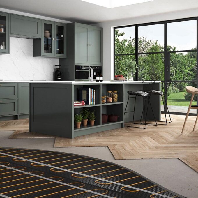 Underfloor heating mats in a kitchen build up